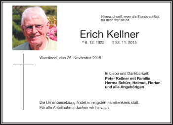 Traueranzeige von Erich Kellner von Frankenpost