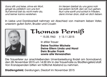 Traueranzeige von Thomas Perniß von Südthüringer Presse