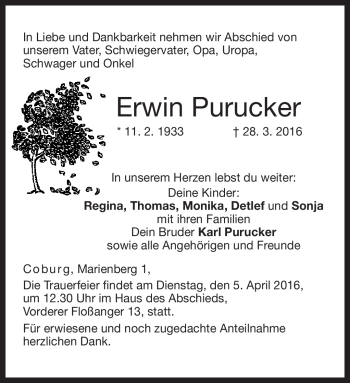 Traueranzeige von Erwin Purucker von Neue Presse Coburg