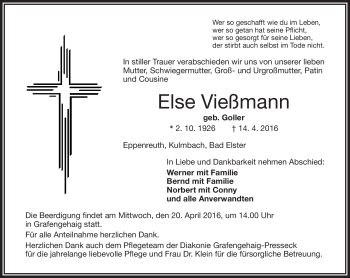 Traueranzeige von Else Vießmann von Frankenpost