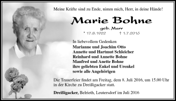 Traueranzeige von Marie Bohne von Südthüringer Presse