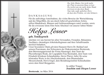 Traueranzeige von Helga Lesser von Südthüringer Presse