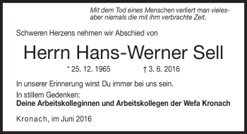 Traueranzeige von Hans-Werner Sell von Neue Presse Coburg