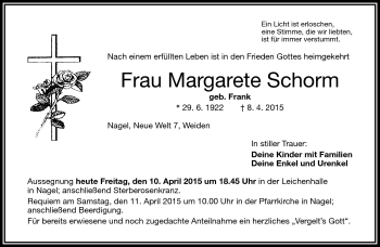 Traueranzeige von Margarete Schorm von Frankenpost