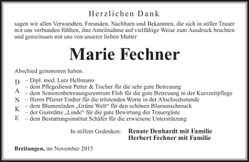 Traueranzeige von Marie Fechner von Südthüringer Presse