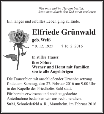 Traueranzeige von Elfriede Grünwald von Südthüringer Presse