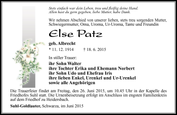 Traueranzeige von Else Patz von Südthüringer Presse