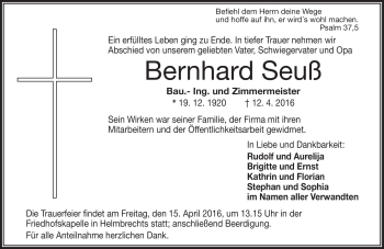 Traueranzeige von Bernhard Seuß von Frankenpost