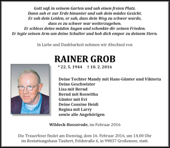 Traueranzeige von Rainer Grob von Südthüringer Presse
