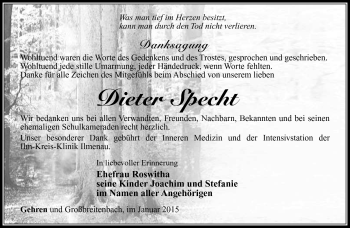 Traueranzeige von Dieter Specht von Südthüringer Presse