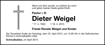 Traueranzeige von Dieter Weigel von Südthüringer Presse