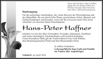 Traueranzeige von Hans-Peter Haffner von Südthüringer Presse