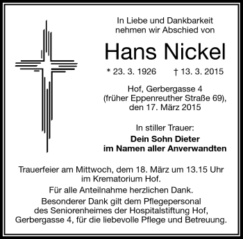 Traueranzeige von Hans Nickel von Frankenpost