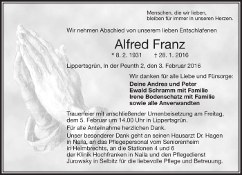 Traueranzeige von Alfred Franz von Frankenpost