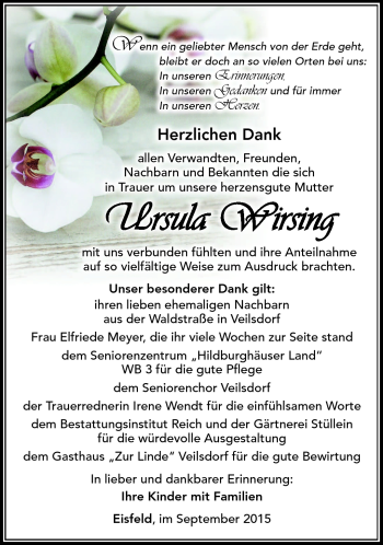 Traueranzeige von Ursula Wirsing von Südthüringer Presse