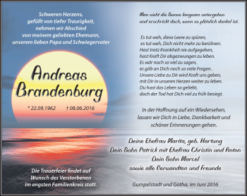Traueranzeige von Andreas Brandenburg von Südthüringer Presse