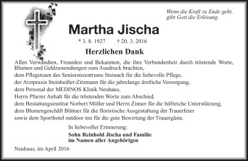 Traueranzeige von Martha Jischa von Südthüringer Presse