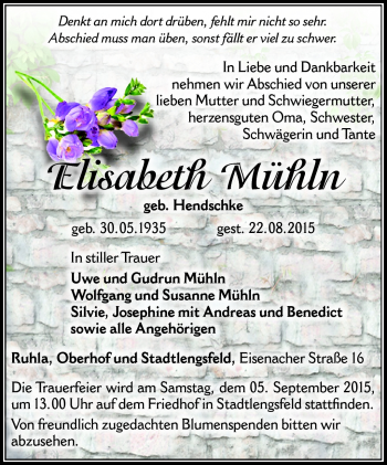 Traueranzeige von Elisbeth Mühln von Südthüringer Presse