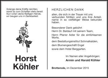 Traueranzeige von Horst Köhler von Südthüringer Presse