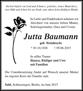 Traueranzeige von Jutta Baumann von Südthüringer Presse