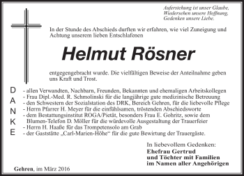 Traueranzeige von Helut Rösner von Südthüringer Presse