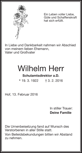 Traueranzeige von Wilhelm Herr von Frankenpost