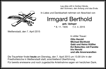 Traueranzeige von Irmgard Berthold von Frankenpost