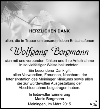 Traueranzeige von Wolfgang Bergmann von Südthüringer Presse