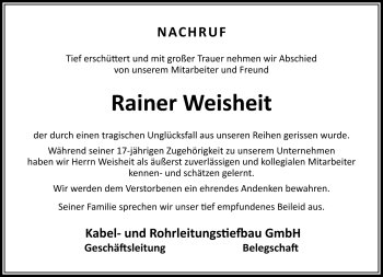 Traueranzeige von Rainer Weisheit von Südthüringer Presse