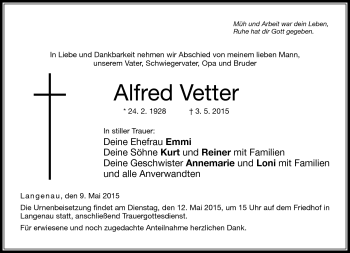 Traueranzeige von Alfred Vetter von Neue Presse Coburg