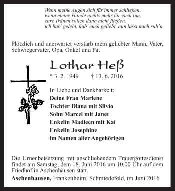 Traueranzeige von Lothar Heß von Südthüringer Presse