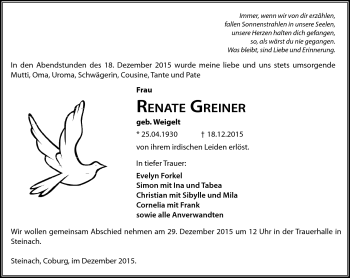 Traueranzeige von Renate Greiner von Südthüringer Presse