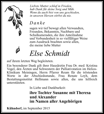 Traueranzeige von Else Schmidt von Südthüringer Presse