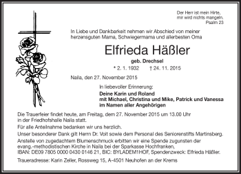 Traueranzeige von Elfrieda Häßler von Frankenpost