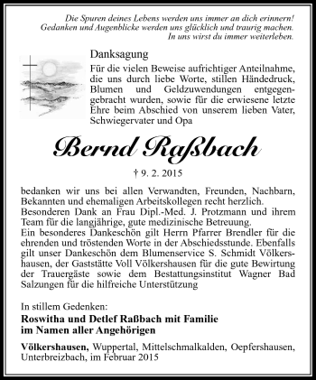 Traueranzeige von Bernd Raßbach von Südthüringer Presse