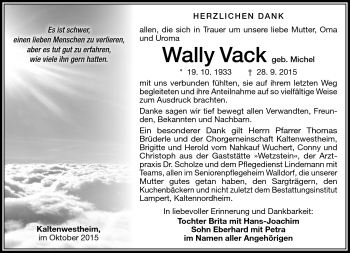 Traueranzeige von Wally Vack von Südthüringer Presse