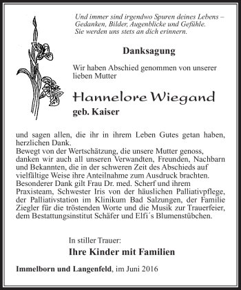 Traueranzeige von Hannelore Wiegand von Südthüringer Presse