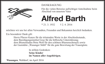 Traueranzeige von Alfred Barth von Südthüringer Presse