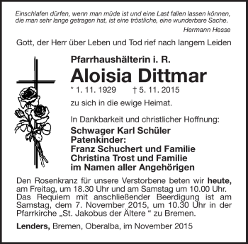 Traueranzeige von Aloisia Dittmar von Südthüringer Presse