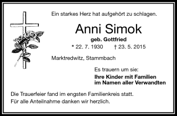 Traueranzeige von Anni Simok von Frankenpost