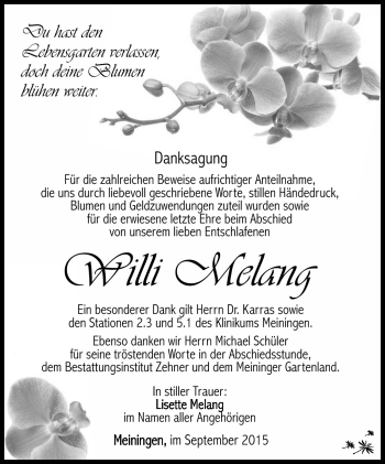 Traueranzeige von Willi Melang von Südthüringer Presse