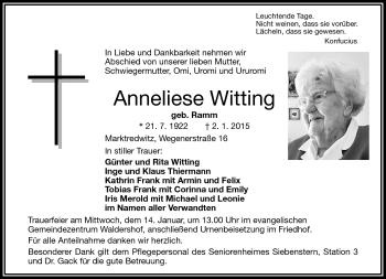 Traueranzeige von Anneliese Witting von Frankenpost