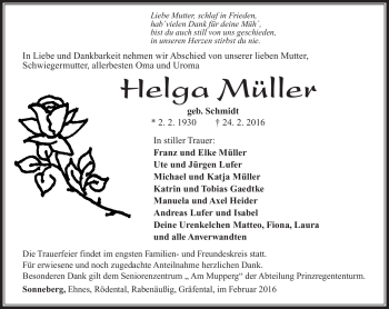 Traueranzeige von Helga Müller von Südthüringer Presse