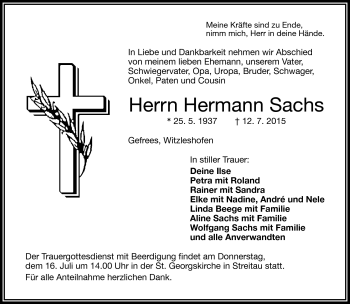 Traueranzeige von Hermann Sachs von Frankenpost