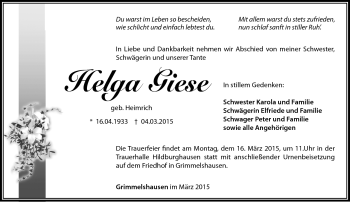 Traueranzeige von Helga Giese von Südthüringer Presse