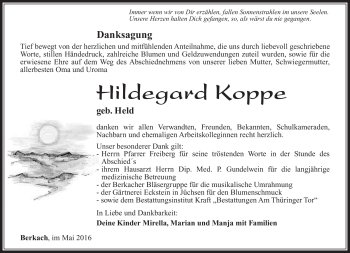 Traueranzeige von Hildegard Koppe von Südthüringer Presse