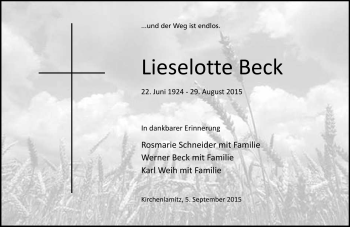 Traueranzeige von Lieselotte Beck von Frankenpost