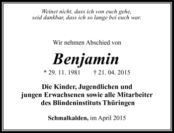 Traueranzeige von Benjamin  von Südthüringer Presse