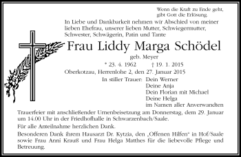 Traueranzeige von Liddy Marga Schödel von Frankenpost