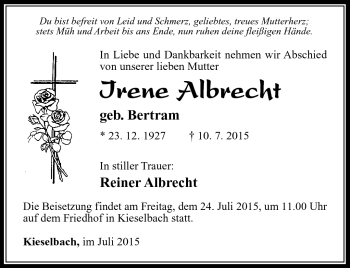 Traueranzeige von Irene Albrecht von Südthüringer Presse